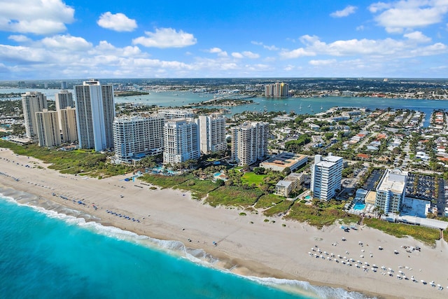 aerial view featuring a beach view and a water view