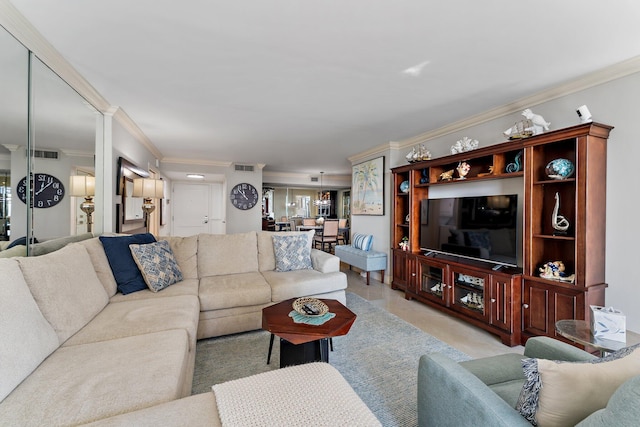 living room with ornamental molding