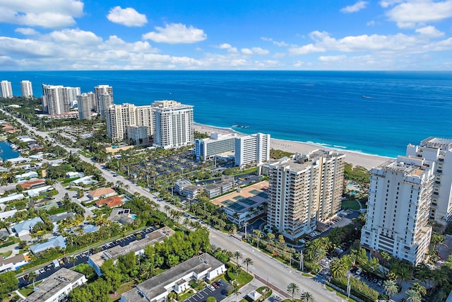 aerial view with a water view and a view of the beach