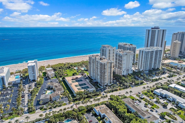 aerial view featuring a water view and a view of the beach