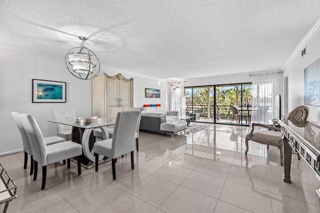 dining space with crown molding, a chandelier, a textured ceiling, and light tile patterned floors