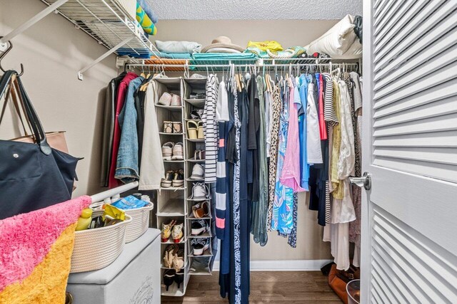 walk in closet with hardwood / wood-style flooring and washer / dryer