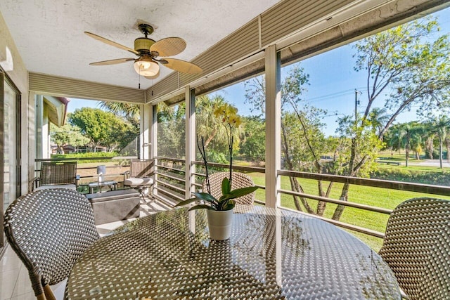 sunroom featuring ceiling fan