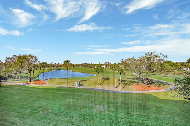 view of home's community with a yard and a water view