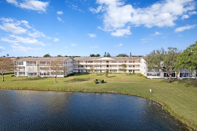 exterior space with a water view