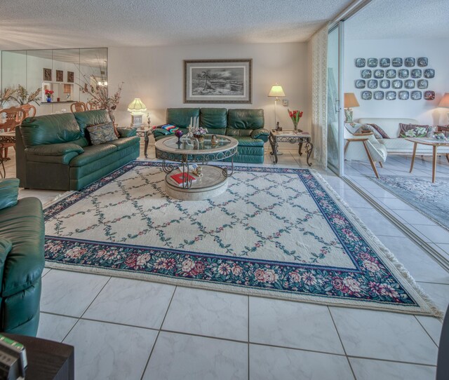 living room featuring a textured ceiling