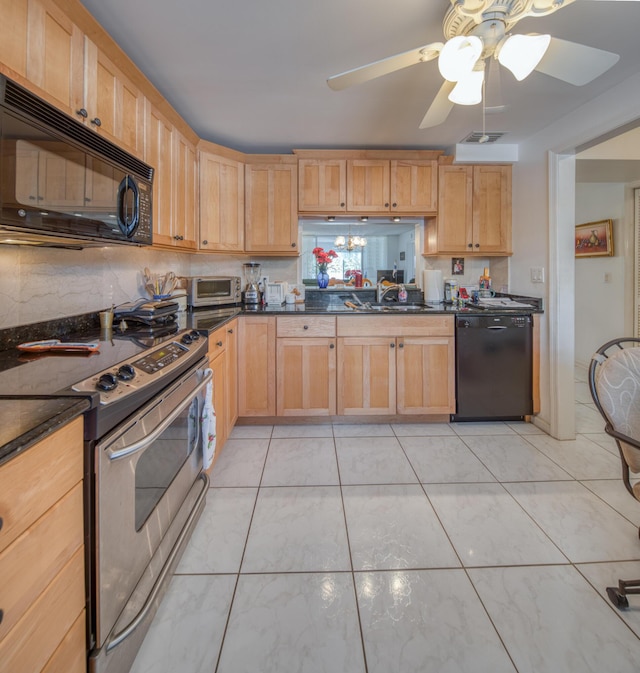 kitchen featuring light brown cabinetry, sink, and black appliances