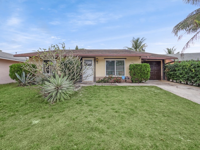 single story home with a garage and a front yard