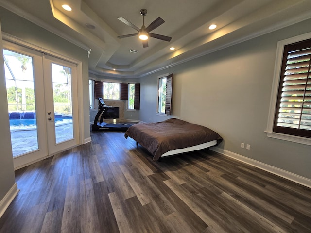 bedroom with multiple windows, access to exterior, a tray ceiling, and dark wood-type flooring