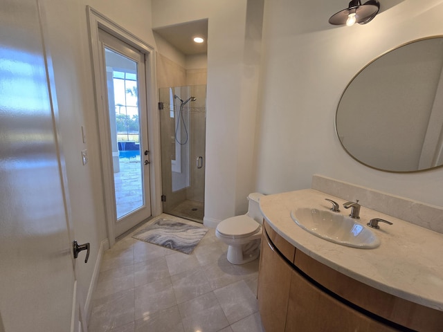 bathroom with vanity, toilet, an enclosed shower, and tile patterned flooring