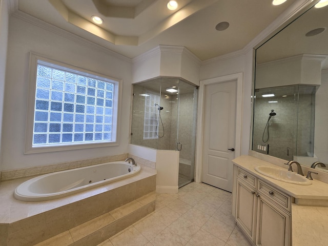 bathroom featuring crown molding, vanity, shower with separate bathtub, and tile patterned flooring