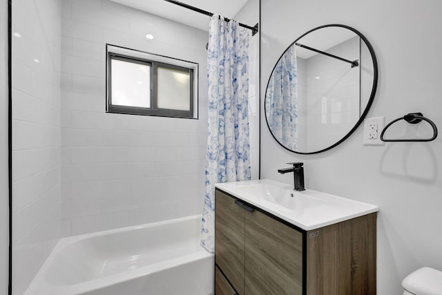 full bathroom with toilet, vanity, and shower / bathtub combination with curtain