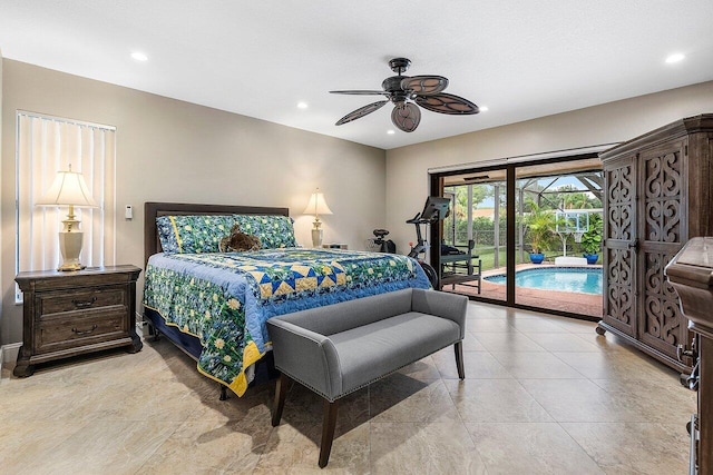 bedroom featuring access to outside, ceiling fan, and recessed lighting