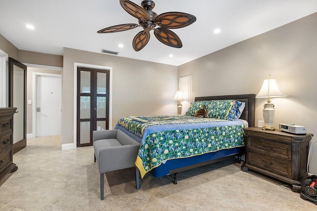 bedroom with a ceiling fan, recessed lighting, and visible vents