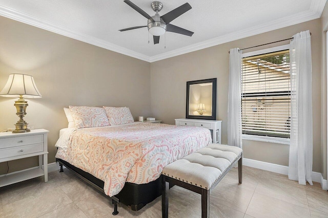 bedroom featuring crown molding, ceiling fan, light tile patterned floors, and baseboards