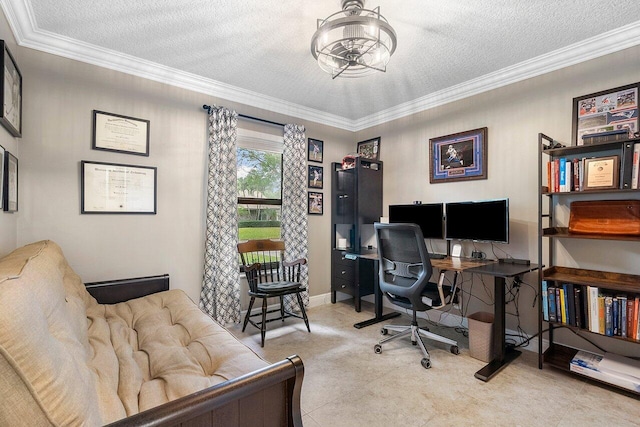 tiled home office featuring a textured ceiling, baseboards, and crown molding