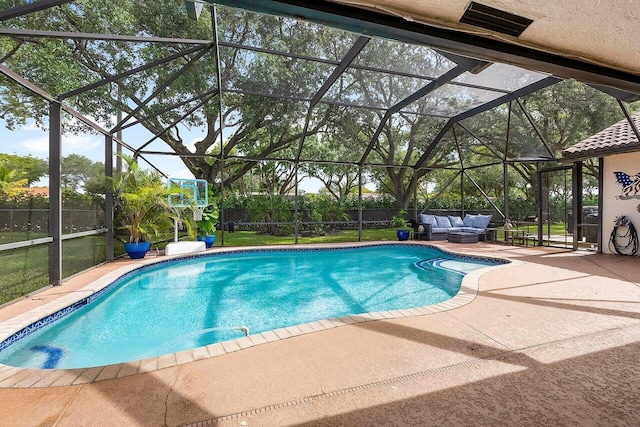 view of pool with a fenced in pool, a patio, a lanai, fence, and outdoor lounge area