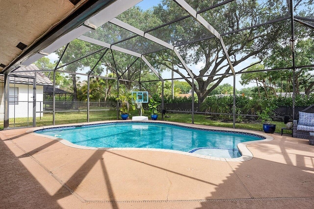 view of pool featuring a lanai, a fenced backyard, a fenced in pool, and a patio