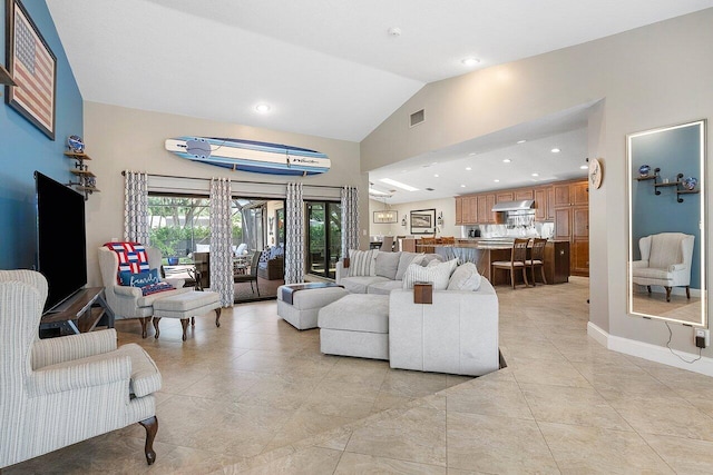 living room with high vaulted ceiling, light tile patterned flooring, recessed lighting, visible vents, and baseboards