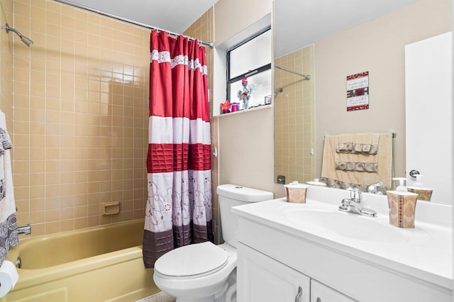 full bathroom with shower / tub combo, vanity, and toilet