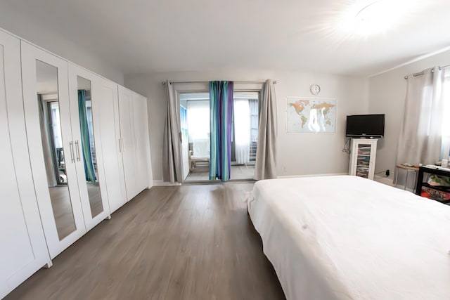 bedroom with french doors, wood-type flooring, and access to outside