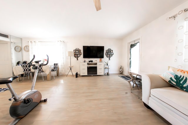 workout room with light hardwood / wood-style flooring