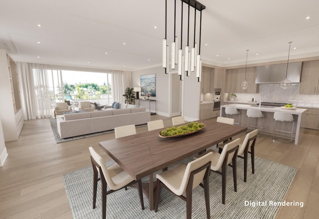 dining room with crown molding, sink, and light hardwood / wood-style floors