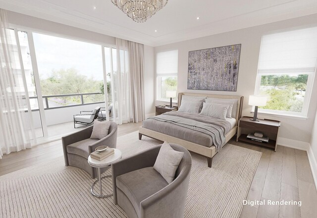 bedroom featuring access to exterior, ornamental molding, a chandelier, and light wood-type flooring