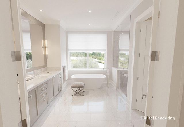 bathroom with a washtub, vanity, and crown molding