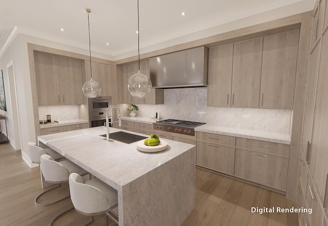 kitchen with wall chimney exhaust hood, sink, a center island with sink, pendant lighting, and stainless steel appliances