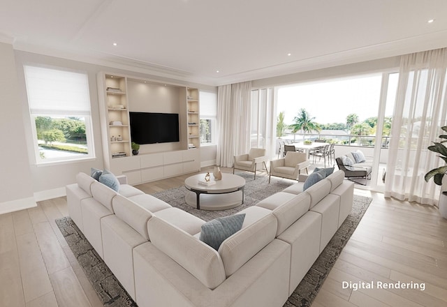 living room with crown molding, plenty of natural light, and light hardwood / wood-style floors