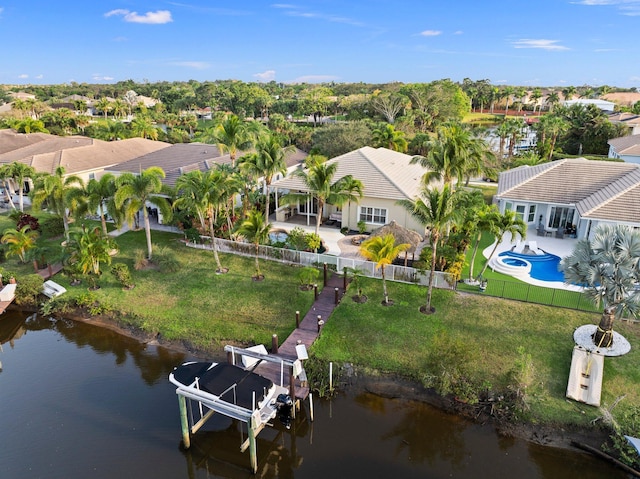 drone / aerial view with a water view