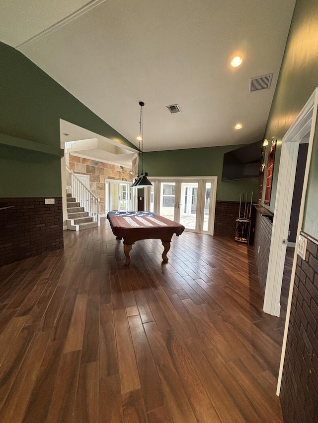 14717 11th Ter, Loxahatchee Groves, FL 33470 - rec room featuring wood finished floors, a wainscoted wall, billiards, lofted ceiling, and recessed lighting