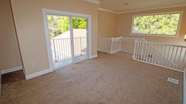 unfurnished room with carpet and crown molding