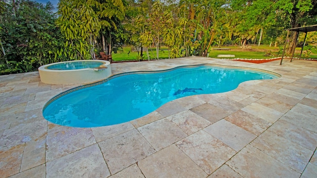 14717 11th Ter, Loxahatchee Groves, FL 33470 - view of swimming pool featuring a patio area, a lawn, and a pool with connected hot tub