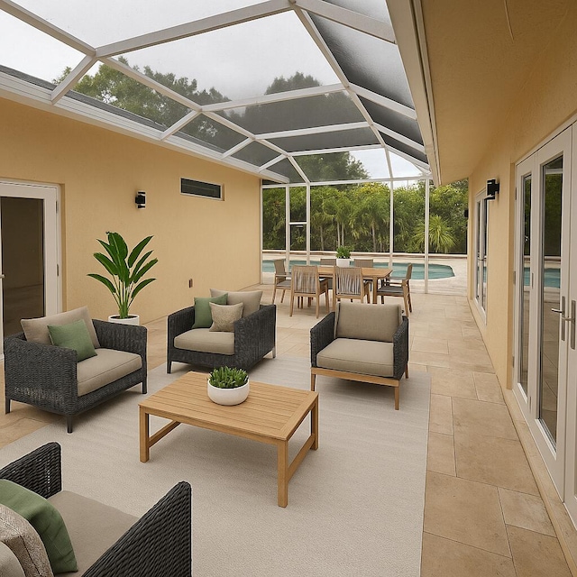 14717 11th Ter, Loxahatchee Groves, FL 33470 - view of patio with outdoor lounge area, an outdoor pool, glass enclosure, and french doors