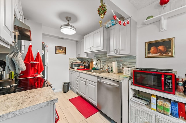 kitchen featuring sink, dishwasher, backsplash, white cabinets, and exhaust hood