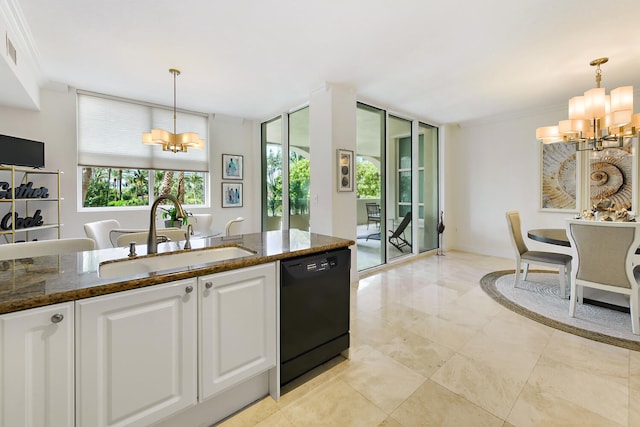 kitchen with sink, white cabinetry, an inviting chandelier, black dishwasher, and pendant lighting