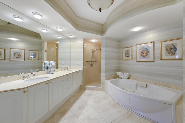 bathroom with vanity, plus walk in shower, and tile patterned flooring