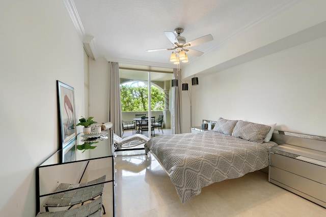 bedroom with ceiling fan, ornamental molding, and access to outside