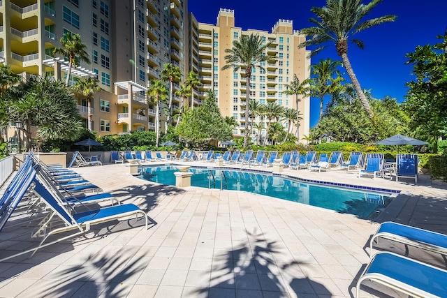 view of swimming pool with a patio