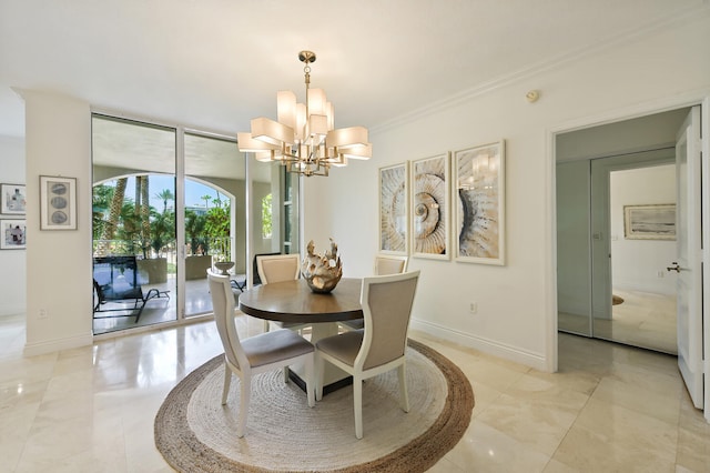 dining area with ornamental molding, floor to ceiling windows, and an inviting chandelier