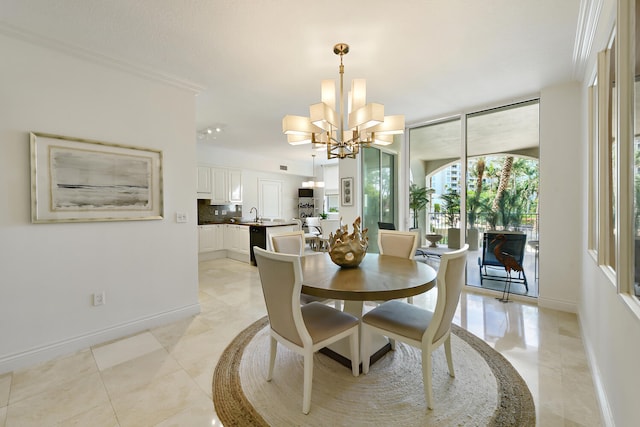 dining room featuring expansive windows and a chandelier