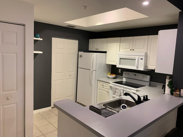 kitchen with white appliances, kitchen peninsula, sink, and white cabinets