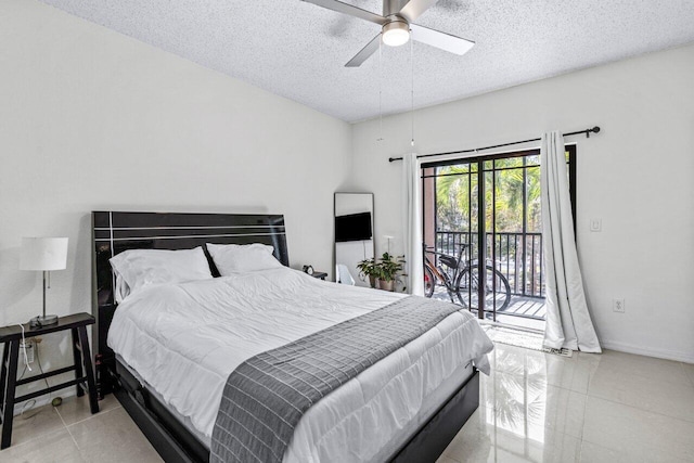 bedroom with ceiling fan, access to exterior, a textured ceiling, and light tile patterned floors