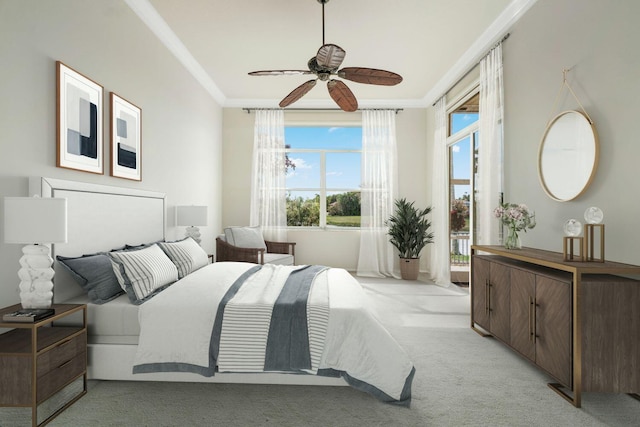 bedroom featuring crown molding, ceiling fan, light carpet, and access to outside