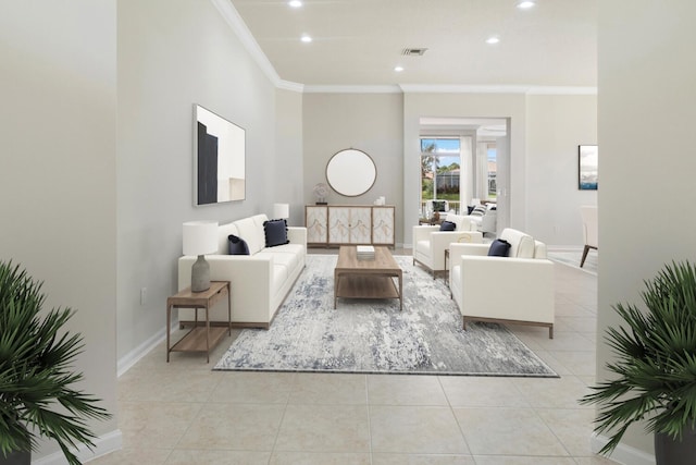 living room featuring light tile patterned floors and crown molding