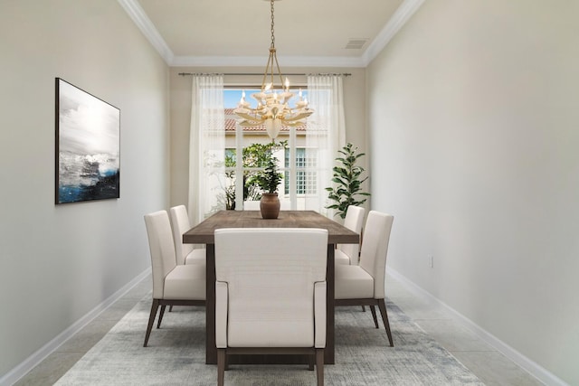 tiled dining space with crown molding and a chandelier