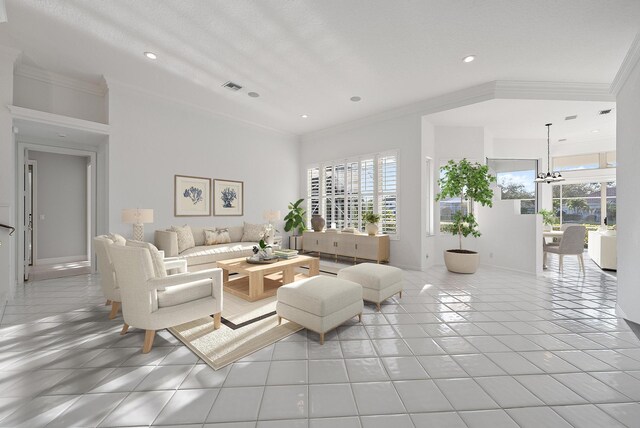 empty room with crown molding, light tile patterned flooring, and a notable chandelier