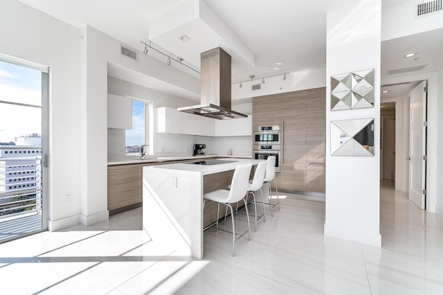 kitchen with sink, a breakfast bar area, island exhaust hood, a center island, and stainless steel double oven